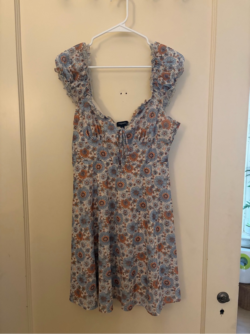 Floral Ruffle Sleeve Sundress in Light Blue and Rust